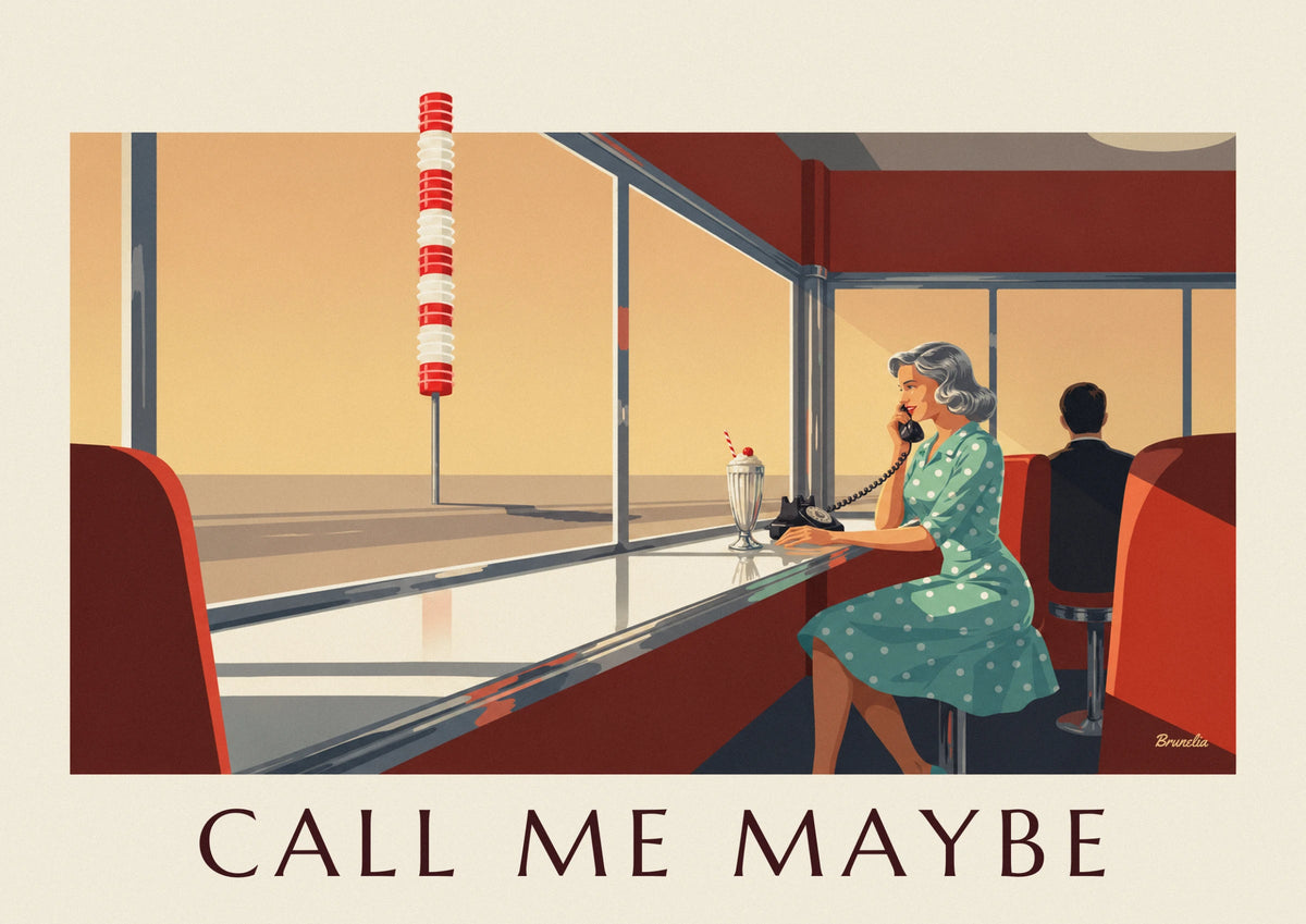 Affiche femme au téléphone en robe à pois au comptoir d'un diner