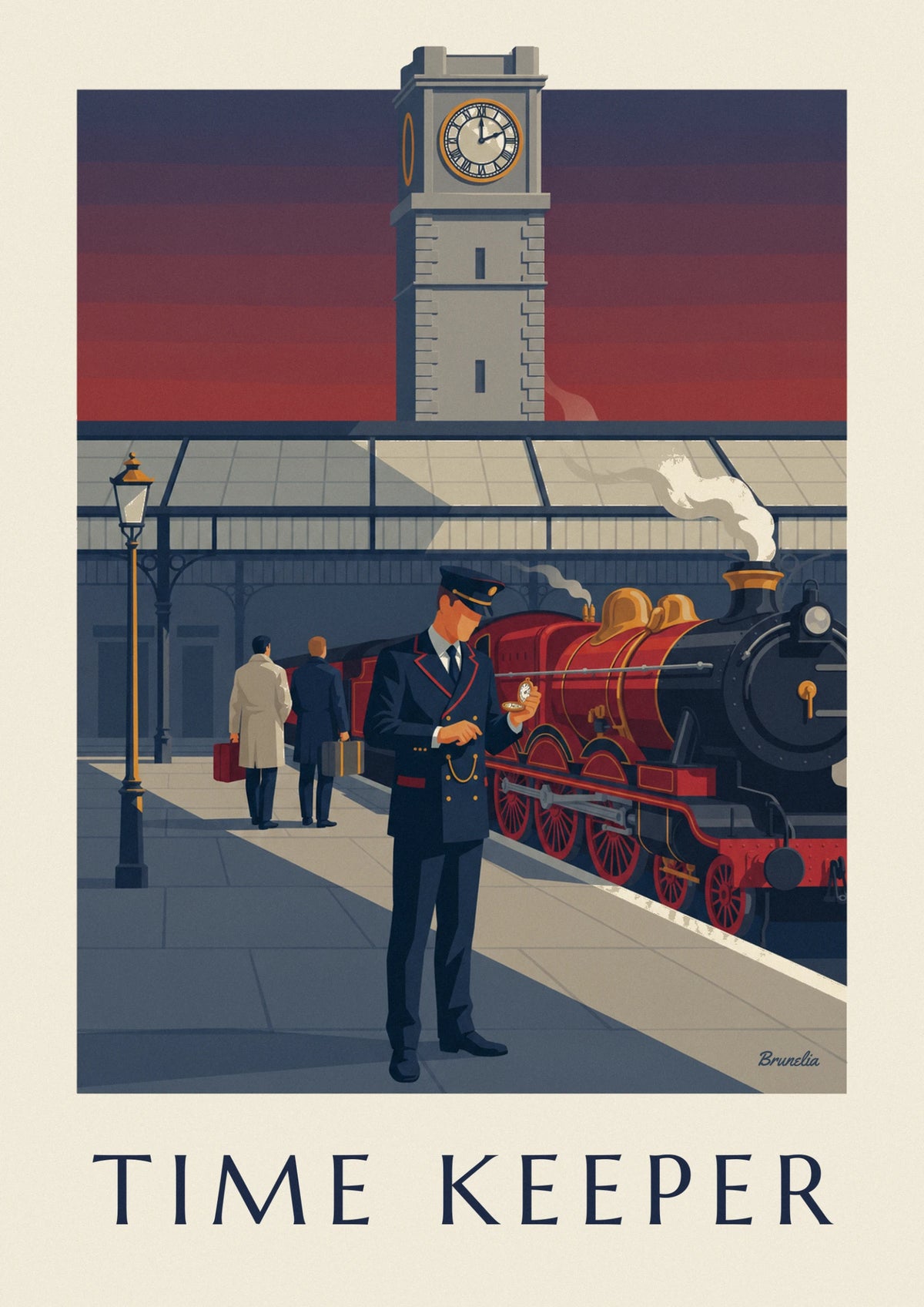 Station master and pocket watch on a platform poster