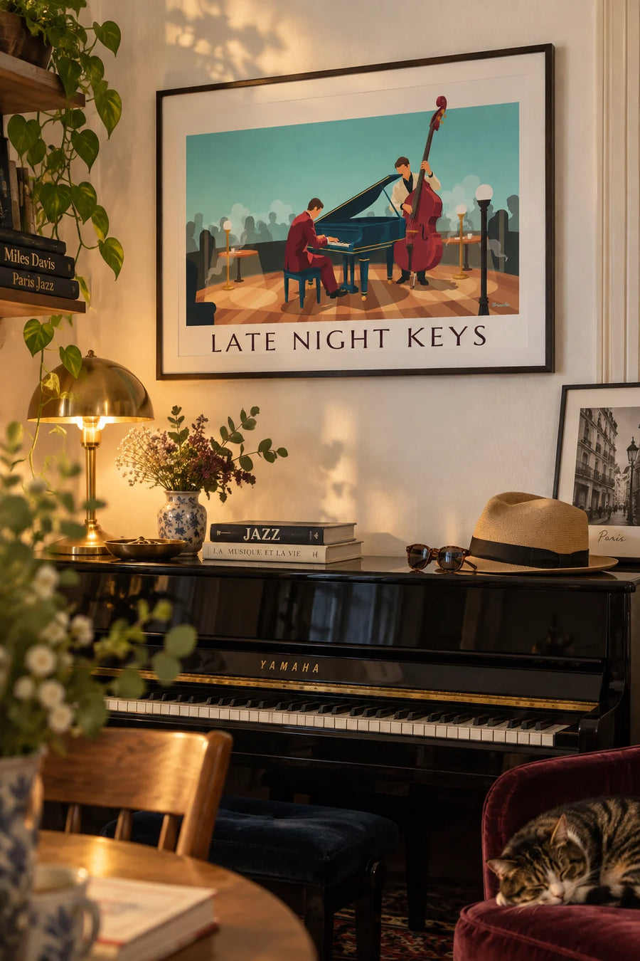 Poster of a pianist at a grand piano in a jazz club: framed on the wall