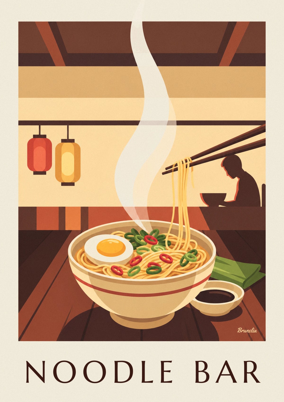 Steaming Asian noodle bowl and chopsticks poster