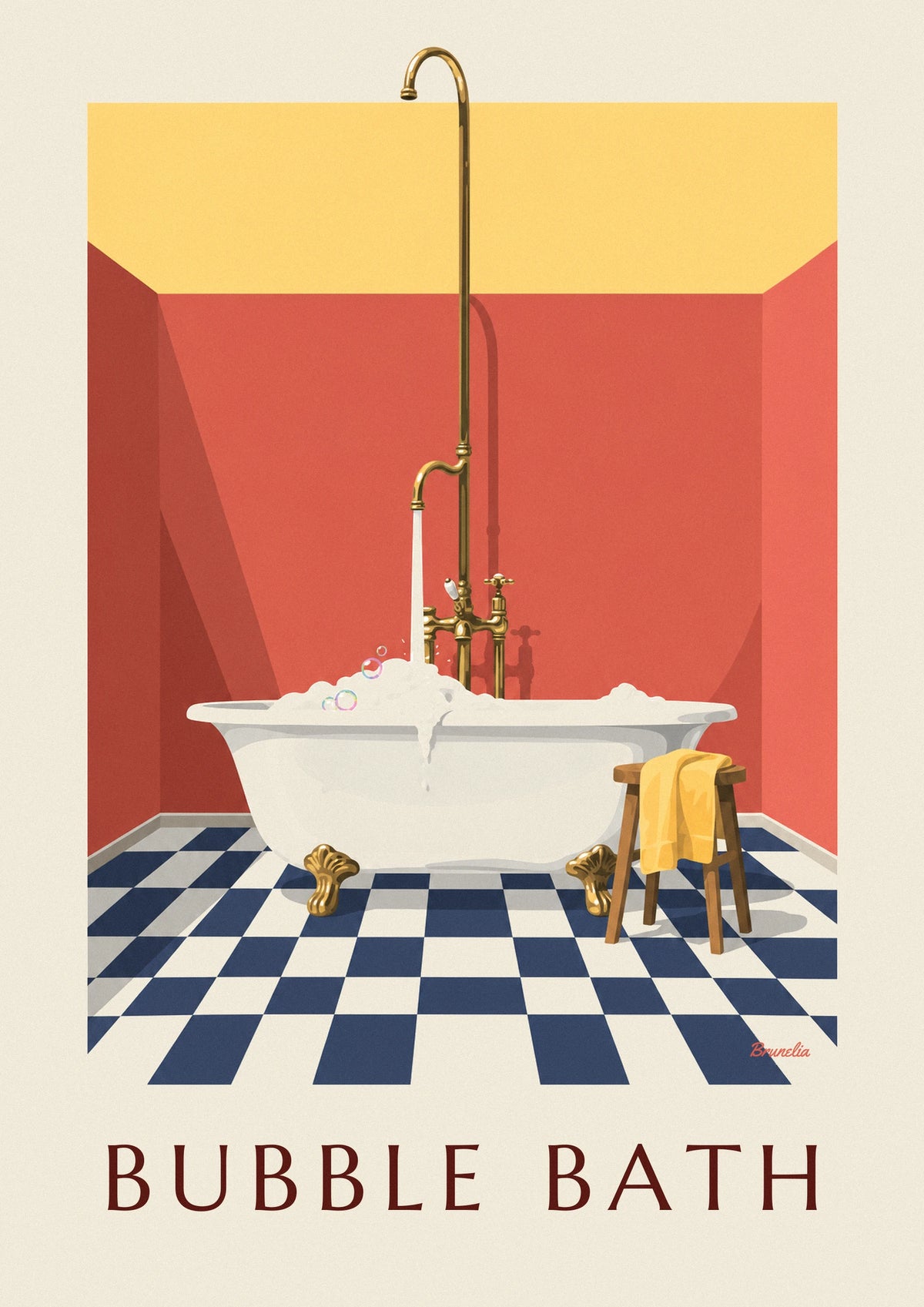 Affiche baignoire sur pieds débordant de mousse, murs rouges