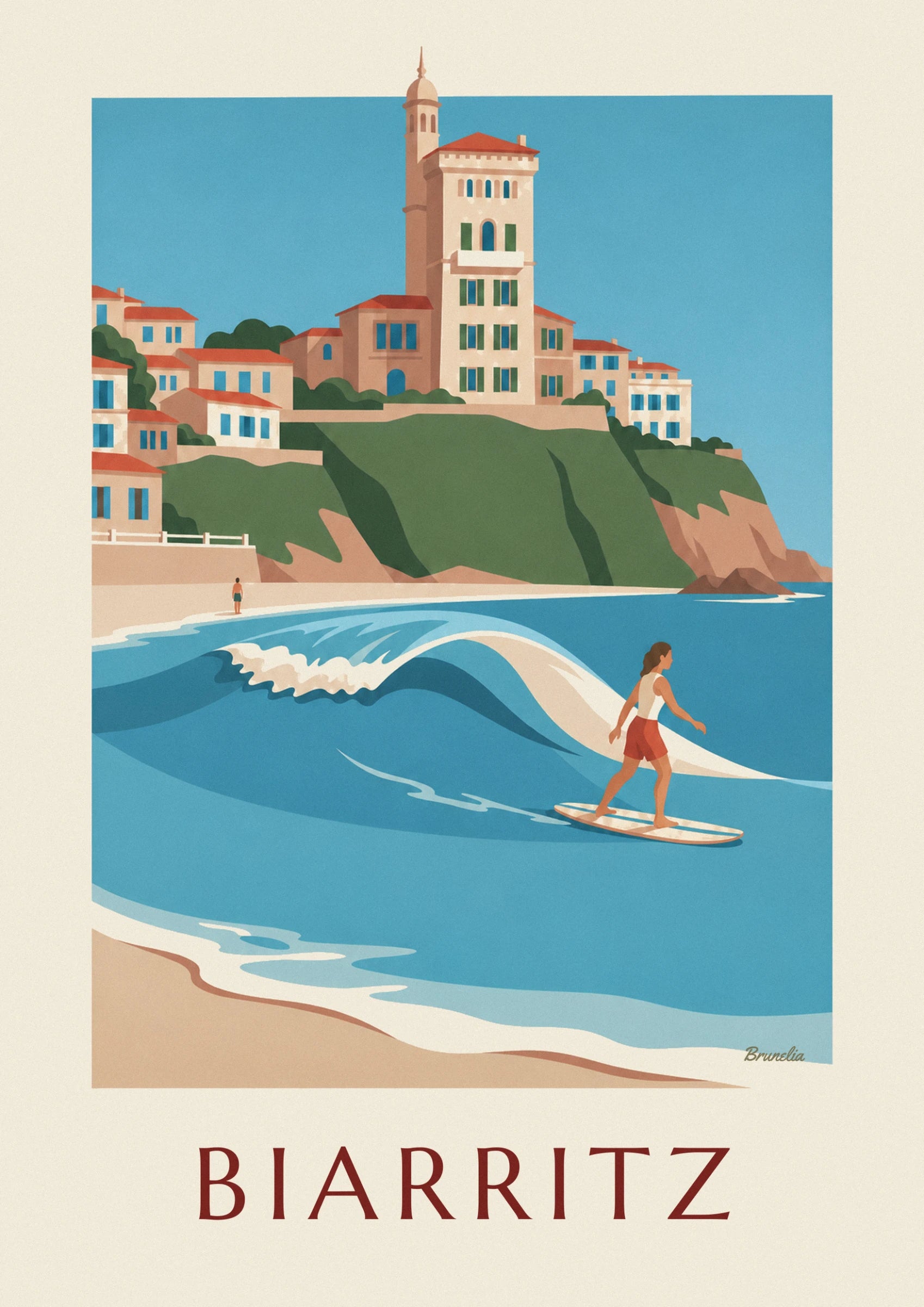 La longboardeuse en short rouge et débardeur blanc, debout sur sa planche dans la vague