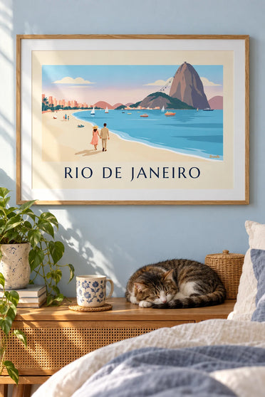 Affiche couple sur la plage de Botafogo face au Pain de Sucre à Rio : encadrée au mur