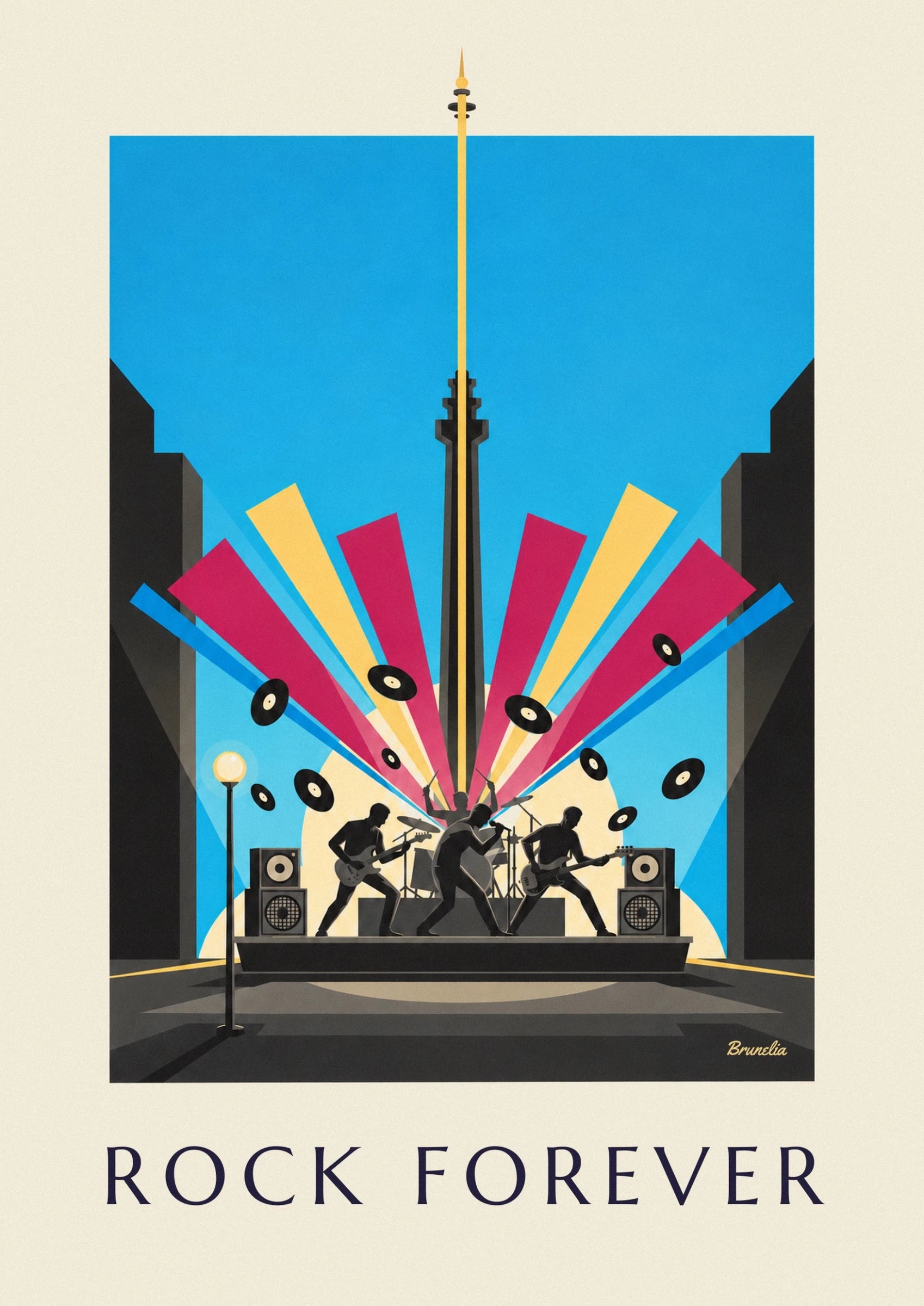 Rock musician silhouettes on stage and vinyl records poster: close-up detail