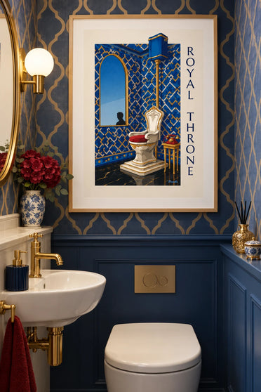 Affiche toilettes trône royal et téléphone à cadran : encadrée au mur