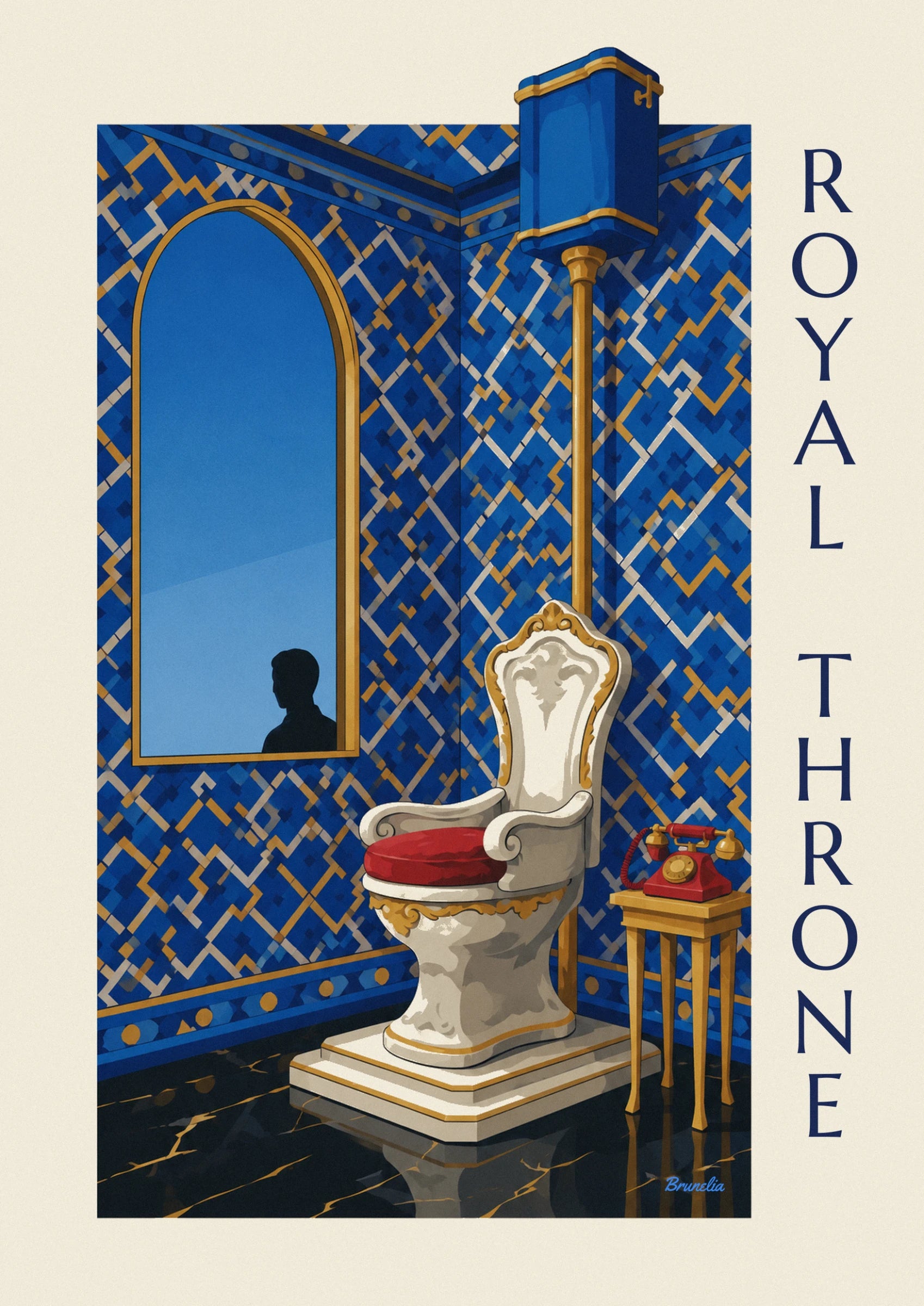The white and gold throne with a red cushion and a red rotary telephone on the golden table