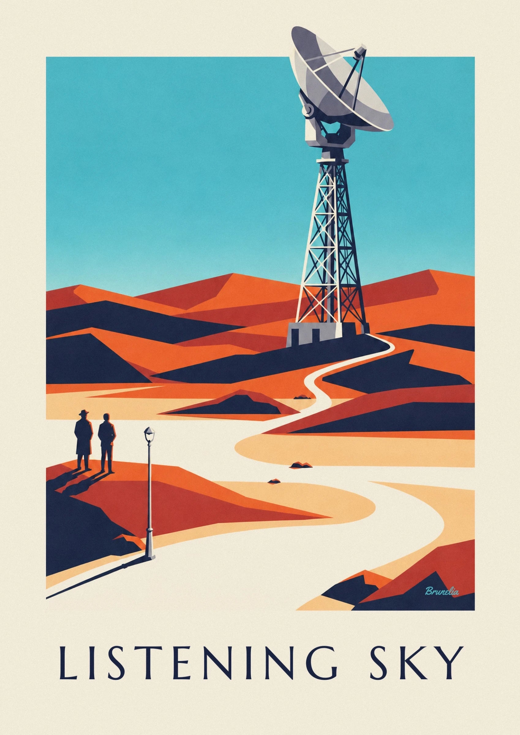 La grande parabole grise du radiotélescope sur sa tour métallique, sur fond turquoise