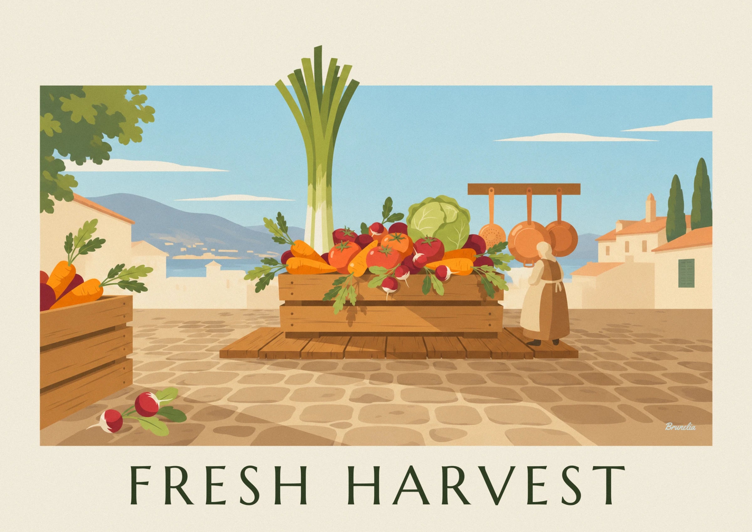 A wooden crate filled with carrots, tomatoes, radishes and cabbage beneath an enormous leek