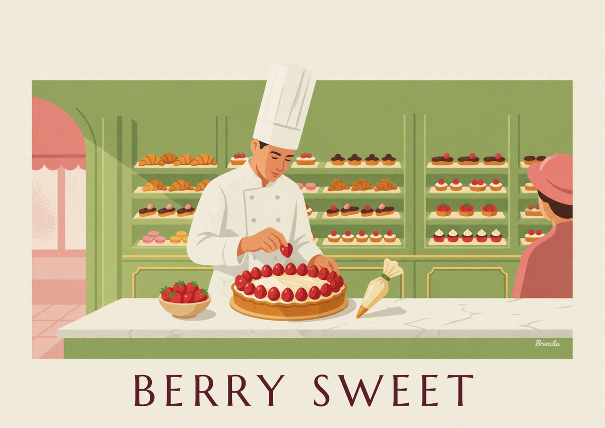 Affiche pâtissier et grande tarte aux fraises