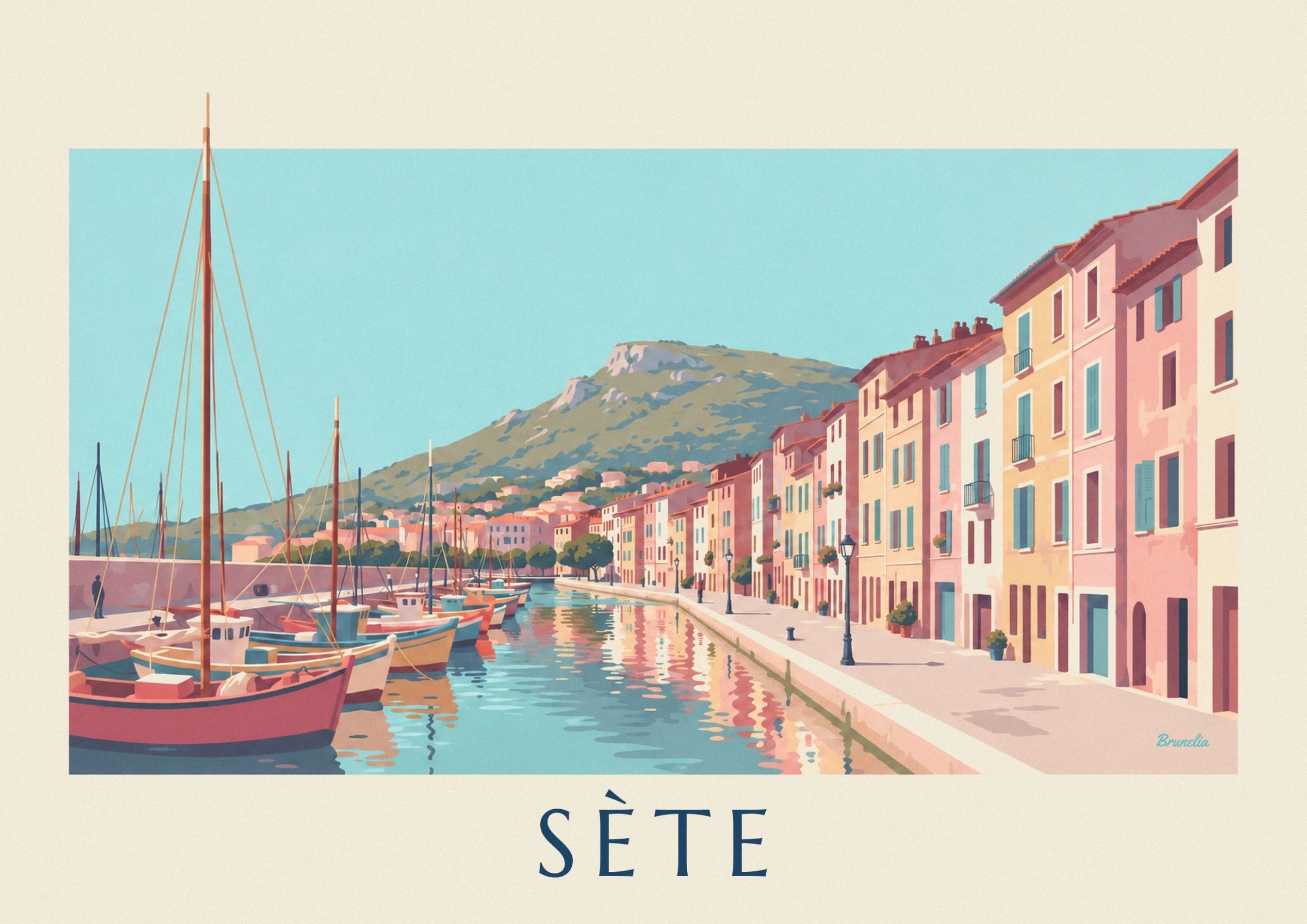 The red and turquoise fishing boats, their masts and rigging in the harbour of Sète