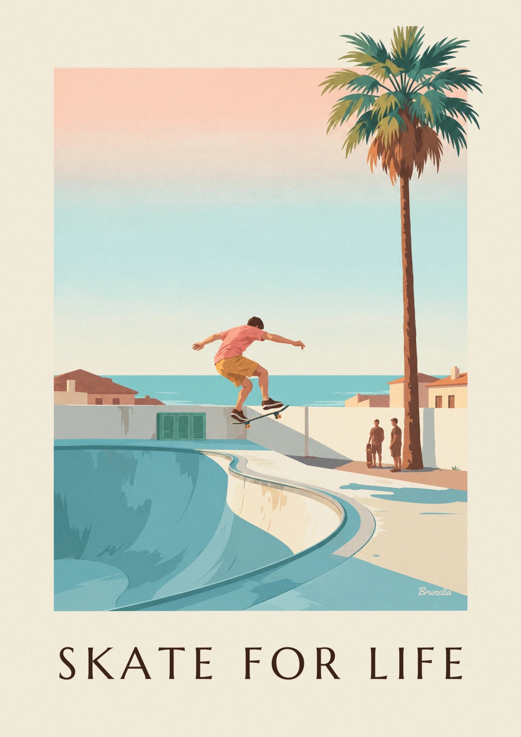 The skateboarder in a pink T-shirt and ochre shorts mid-jump above the bowl