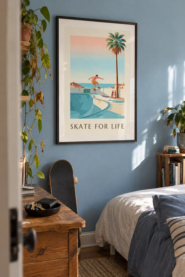Affiche skateur en plein saut au-dessus d'un bowl : encadrée au mur