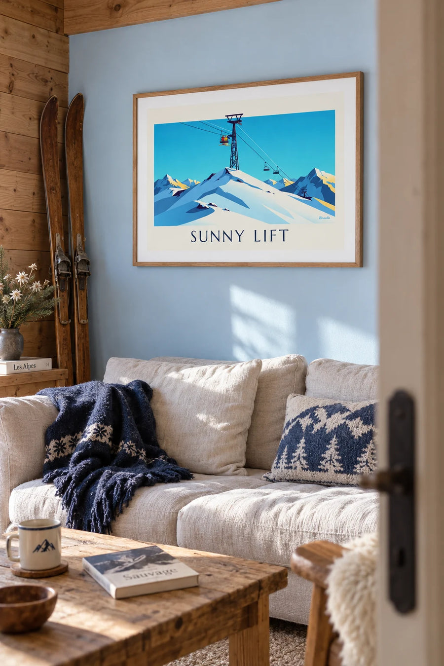 Affiche skieurs sur un télésiège au soleil : encadrée au mur