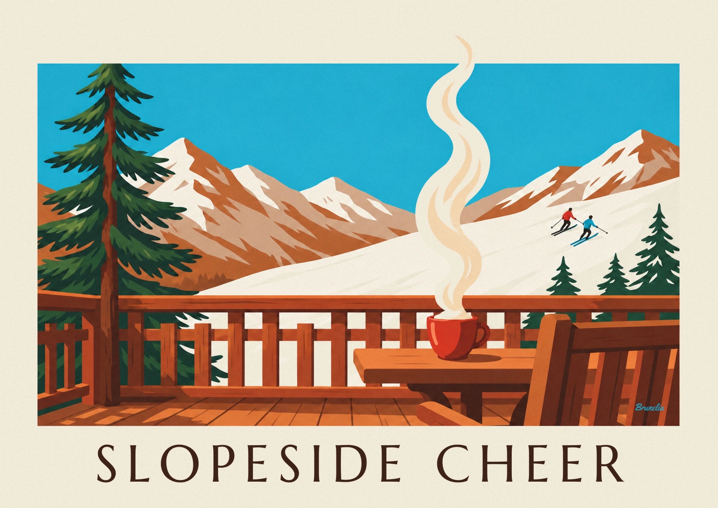A red cup of steaming hot chocolate on the wooden terrace table