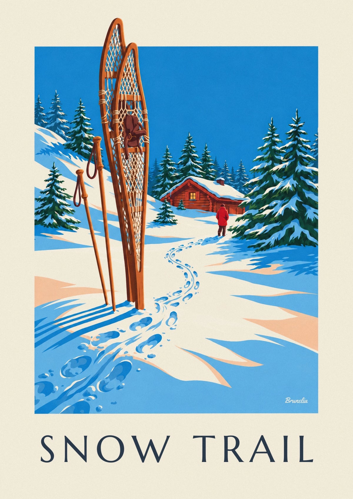Wooden snowshoes in front of a mountain chalet poster