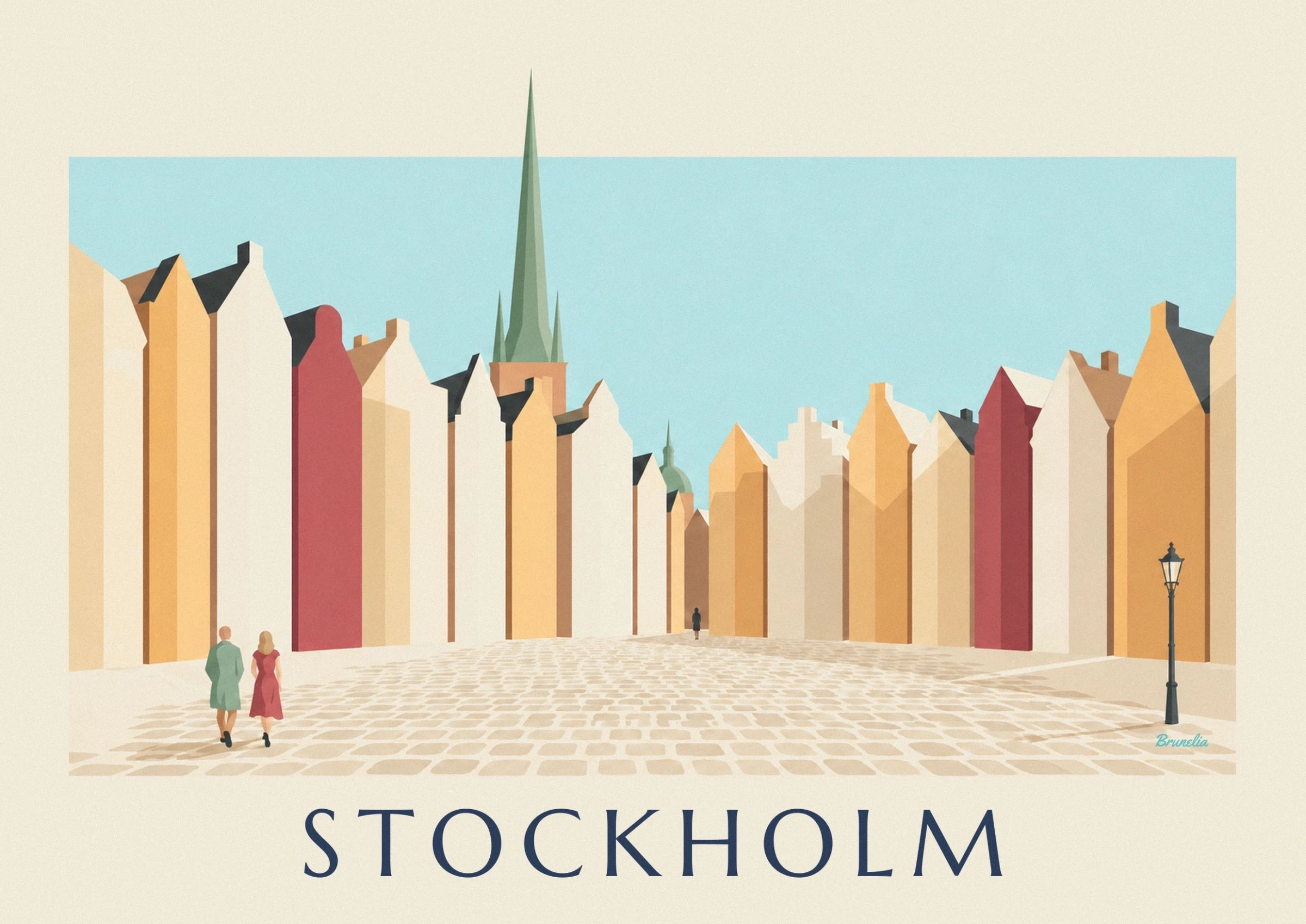 A slender green spire above the cream and ochre façades of Gamla stan
