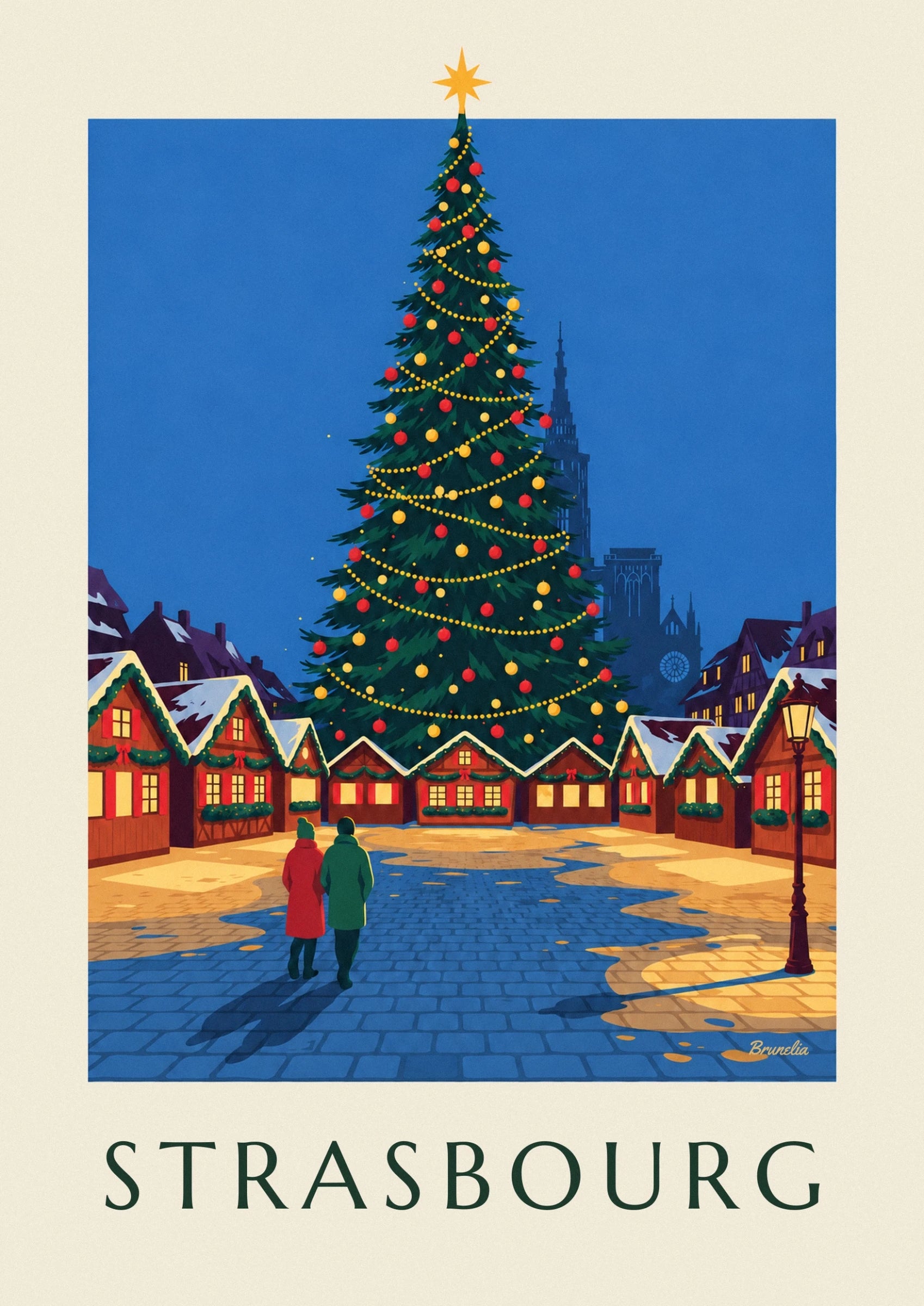 The large Christmas tree decorated with golden garlands and red and yellow baubles