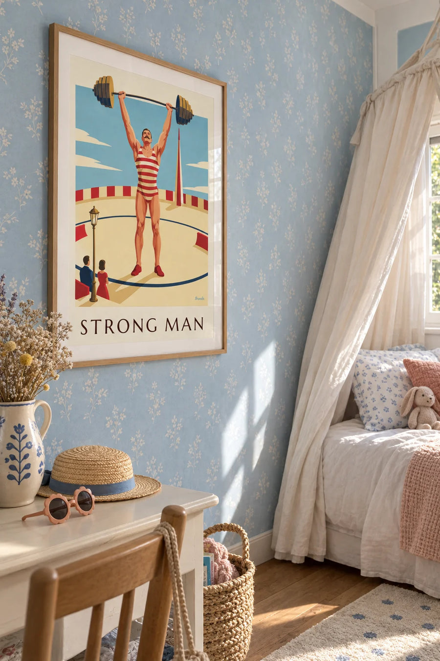 Poster of a circus strongman lifting a dumbbell: framed on the wall