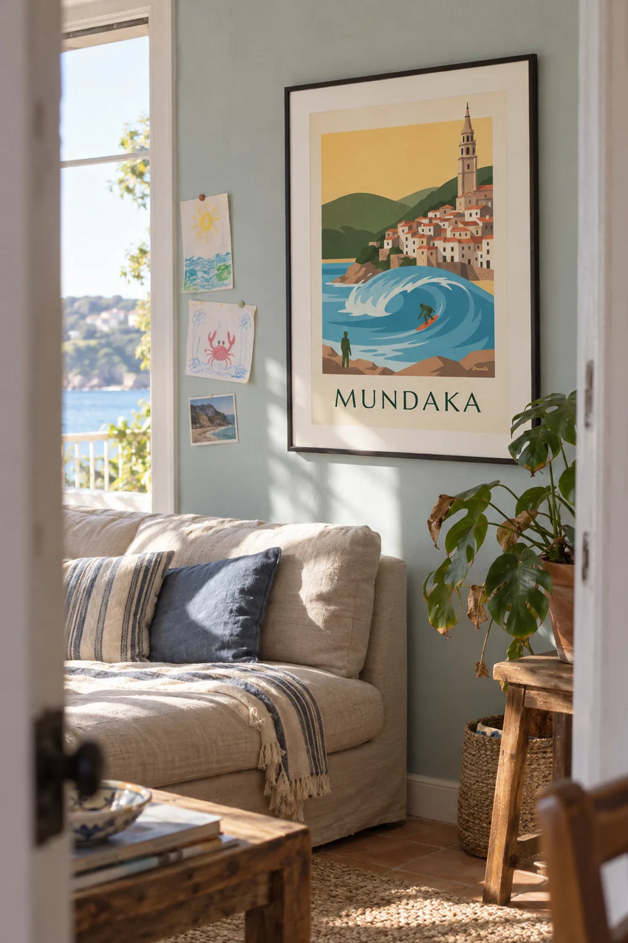 Poster of a surfer on the Mundaka wave in Biscay: framed on the wall