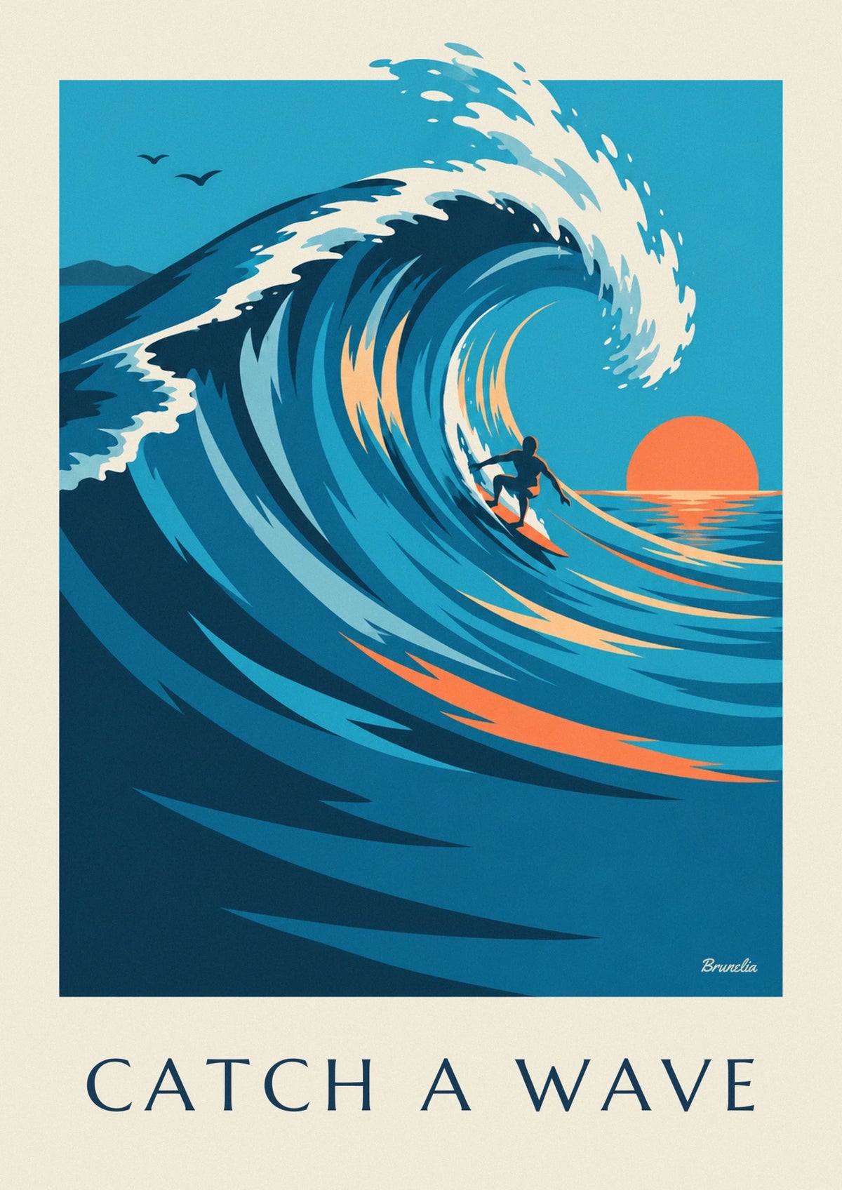 Affiche surfeur chevauchant une grande vague au soleil couchant