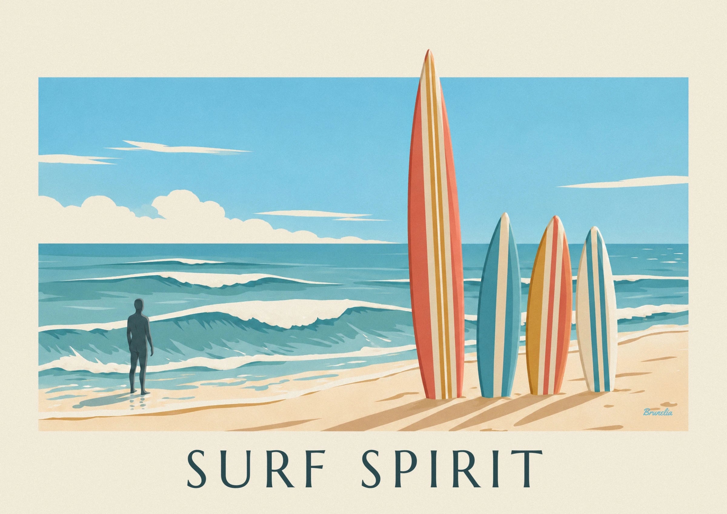 Les planches de surf aux rayures turquoise, crème et corail sur le sable doré
