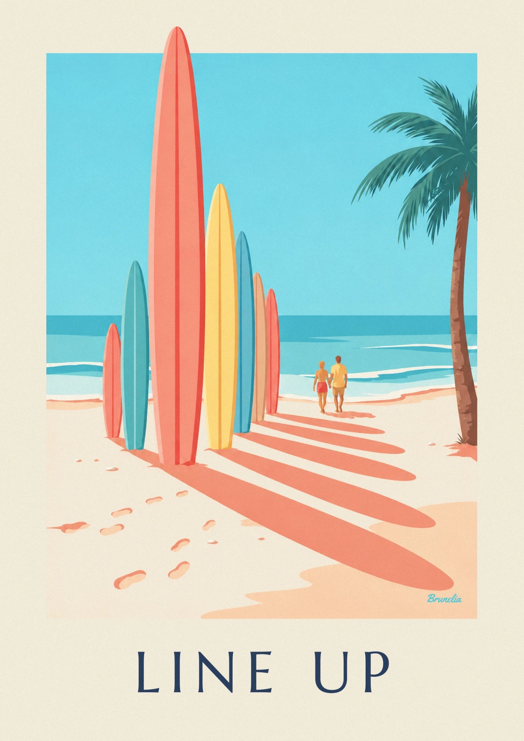 Les planches de surf corail, jaunes et turquoise alignées sur le sable