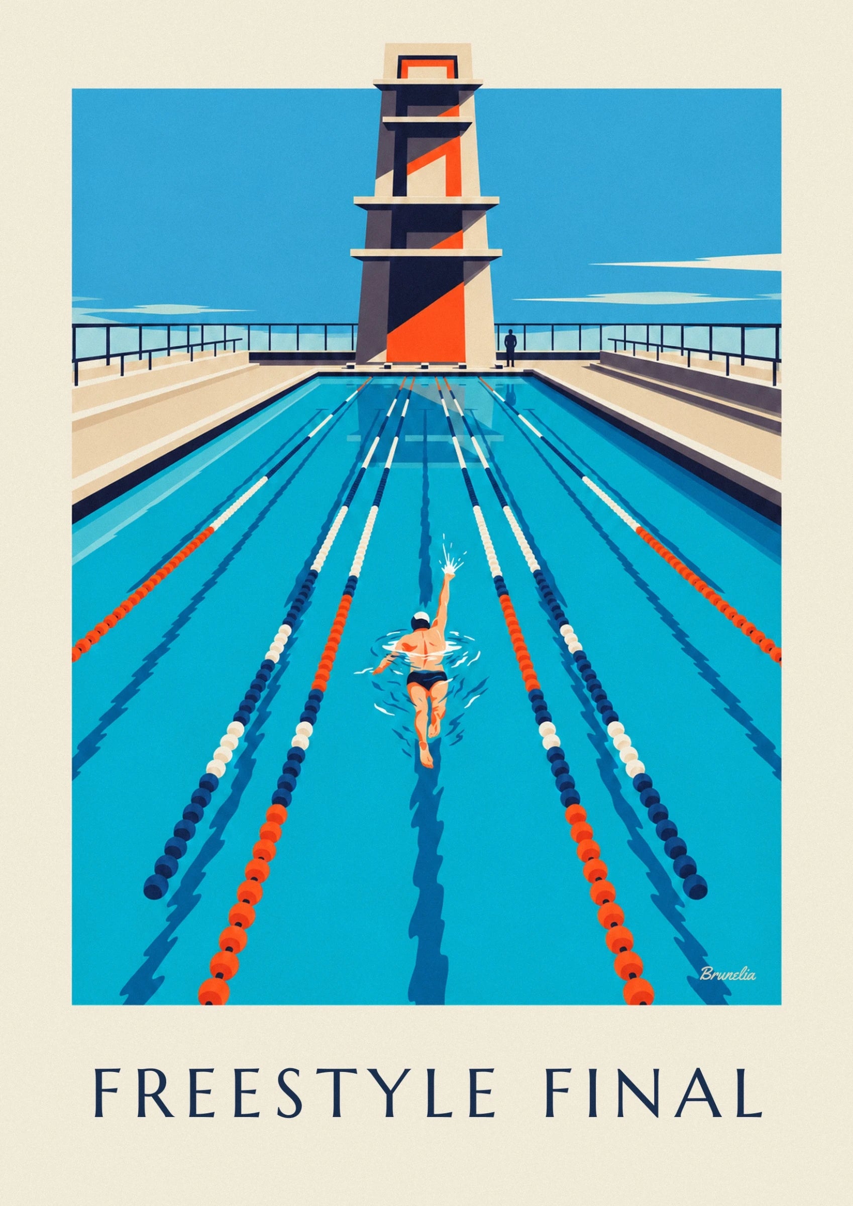The swimmer in a white cap, one arm outstretched between the orange and white lane ropes