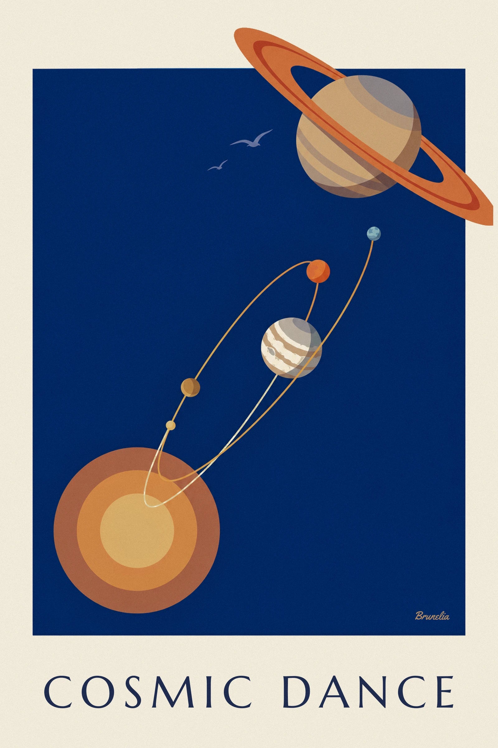 The Sun in 3 orange and ochre rings, with the golden orbits of 2 small planets