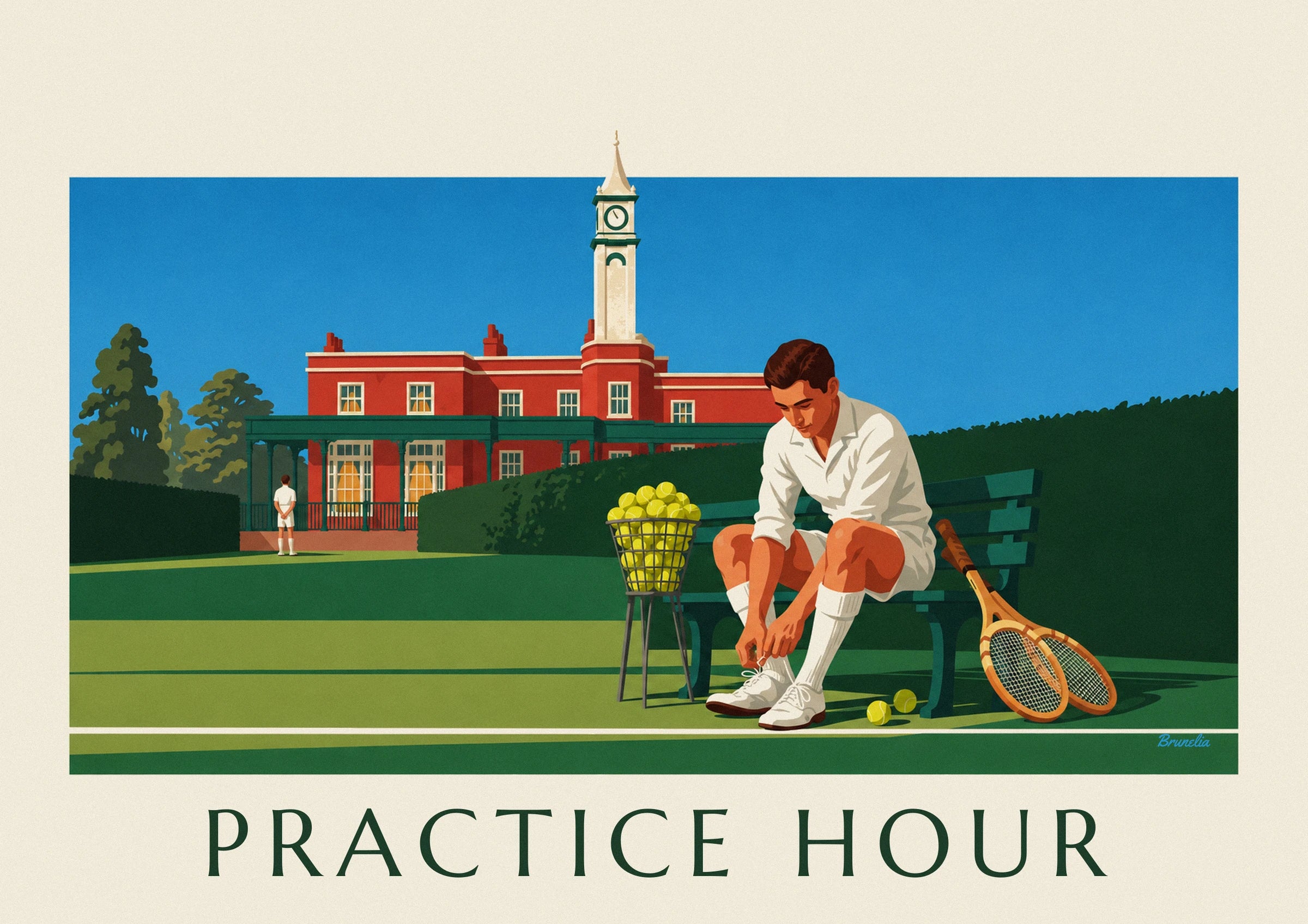 The player in white tying his shoes on a green bench near the balls