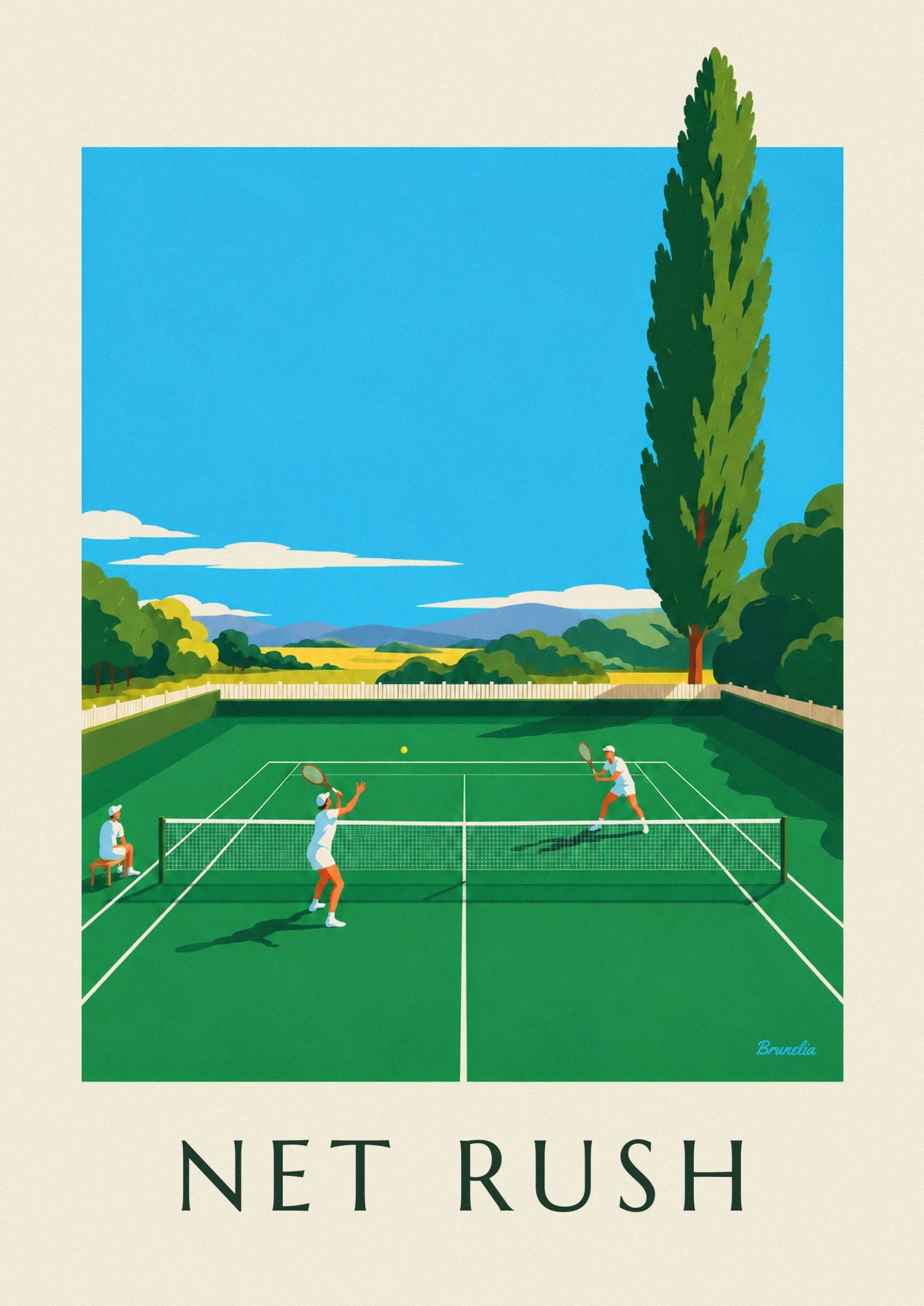 The player in white with his racket raised towards the yellow ball on the grass court