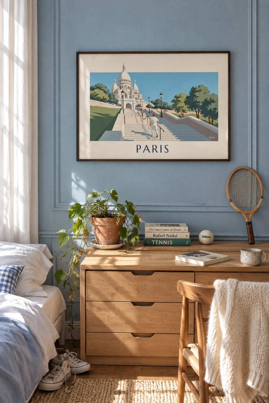 Tennis player climbing the steps of Sacré-Cœur poster: framed on the wall