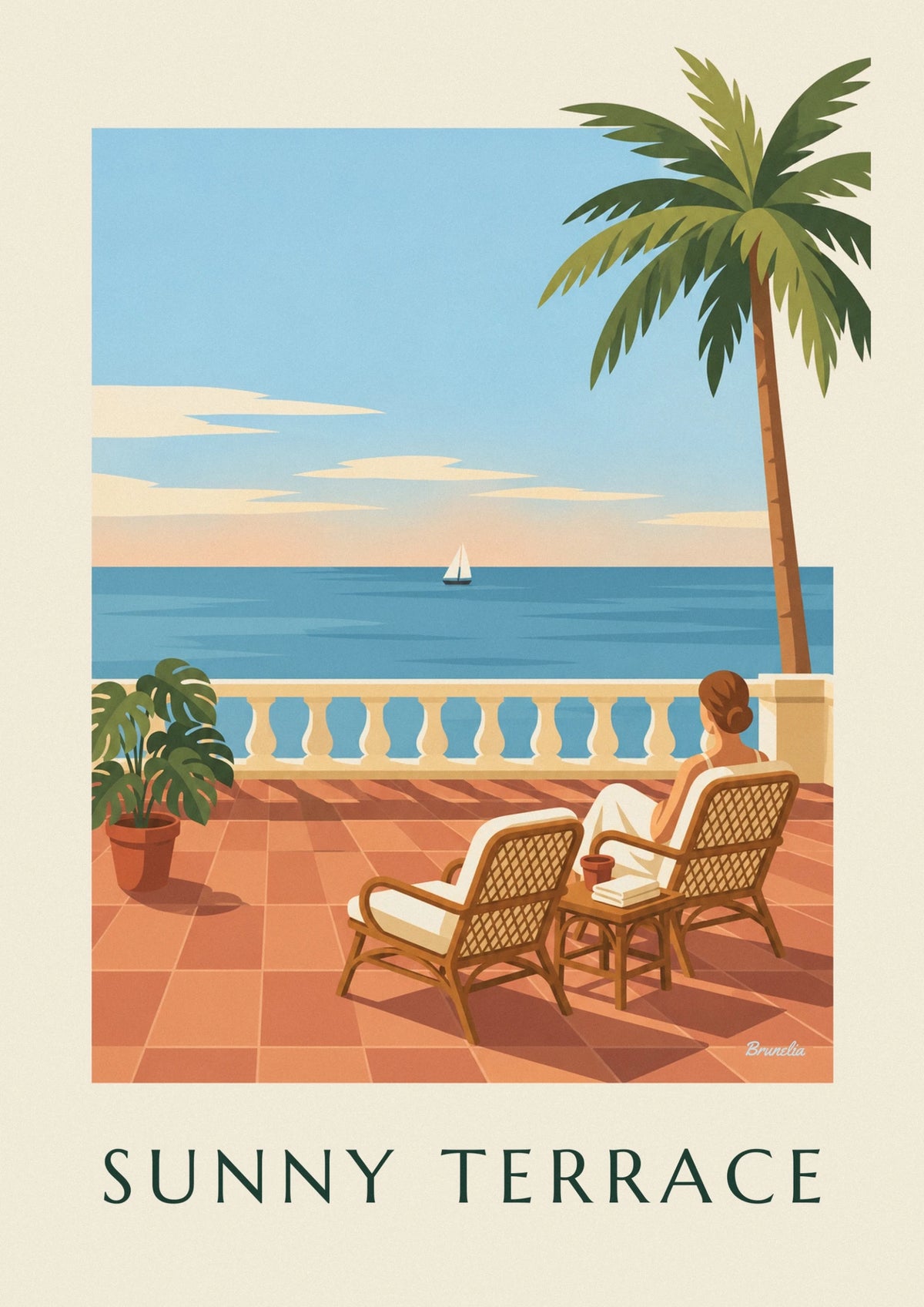 Affiche terrasse tropicale, fauteuils en rotin et vue sur la mer