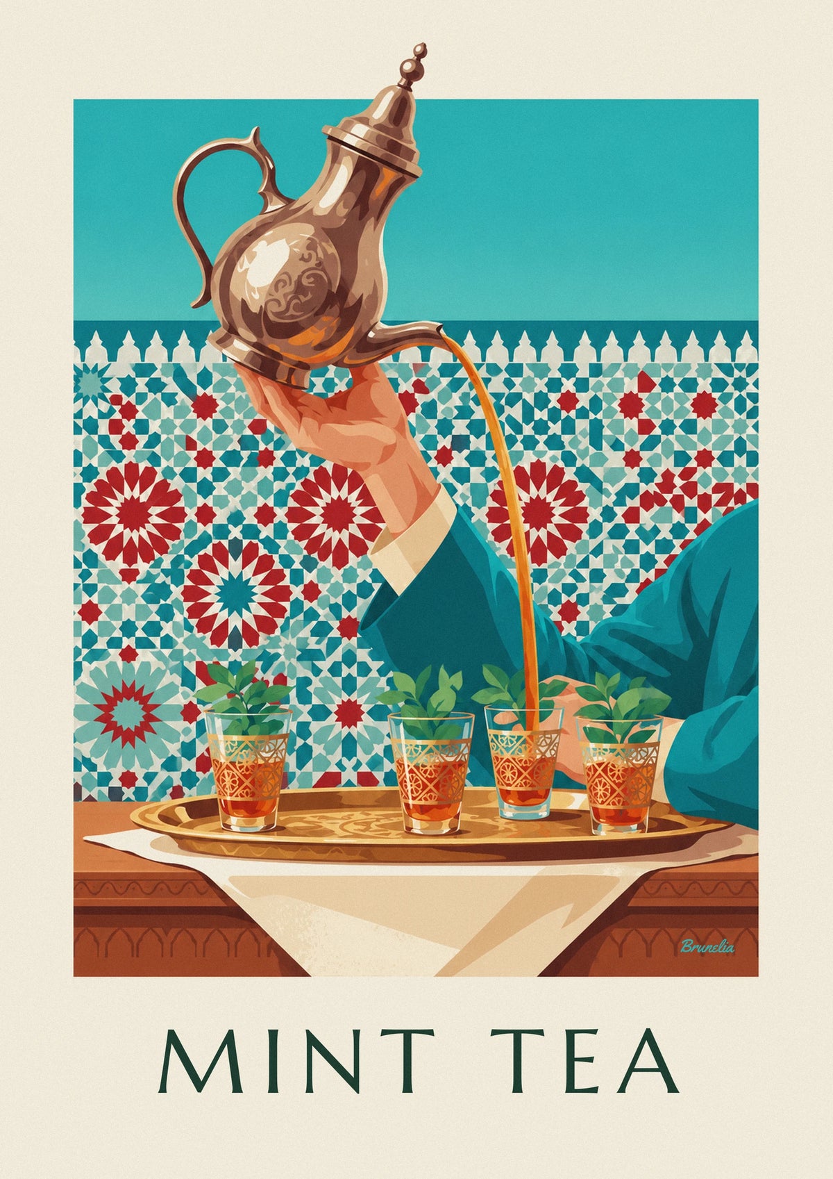 Affiche thé à la menthe servi dans des verres ciselés