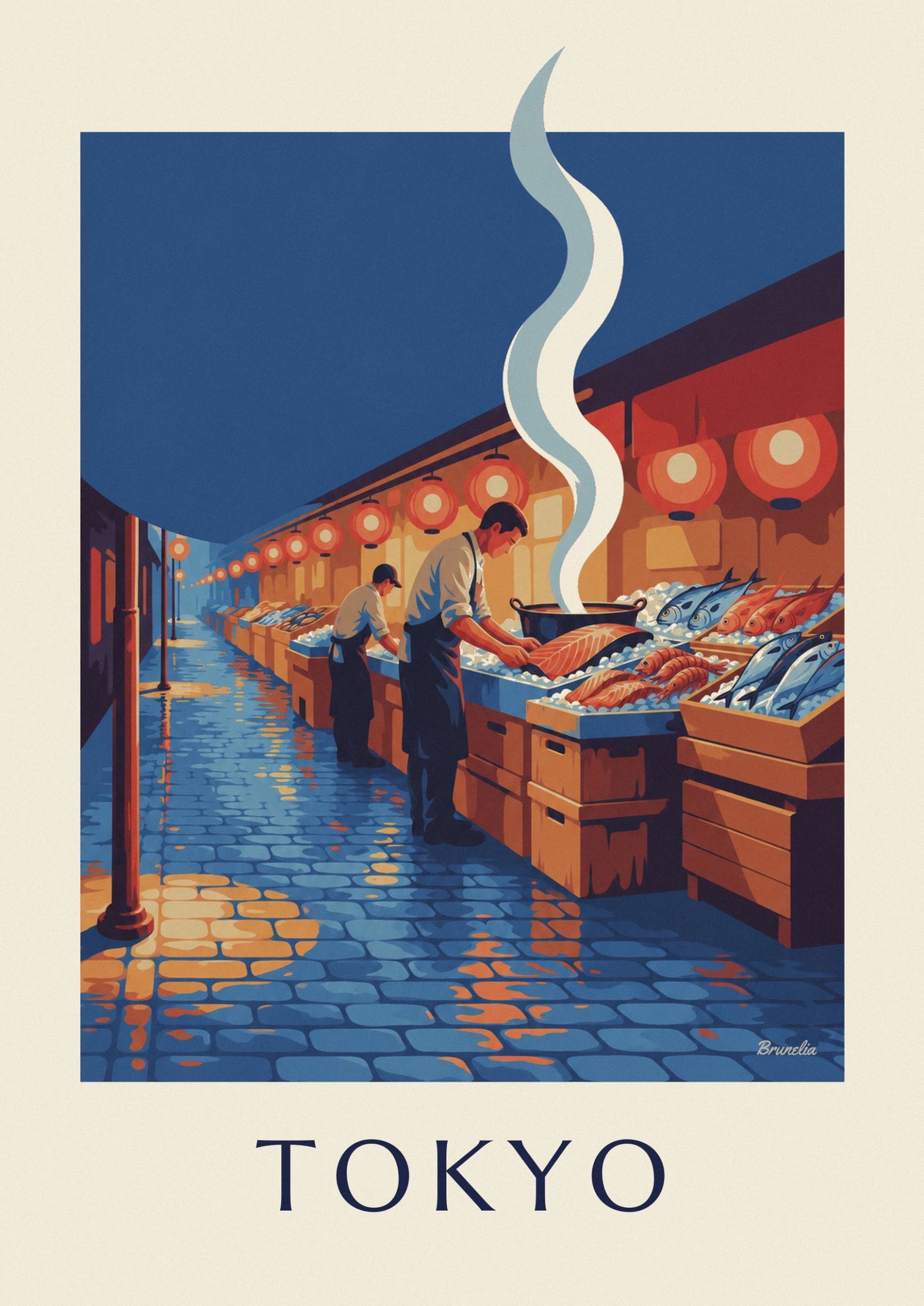 The fishmongers in blue aprons in front of the salmon fillets and red lanterns