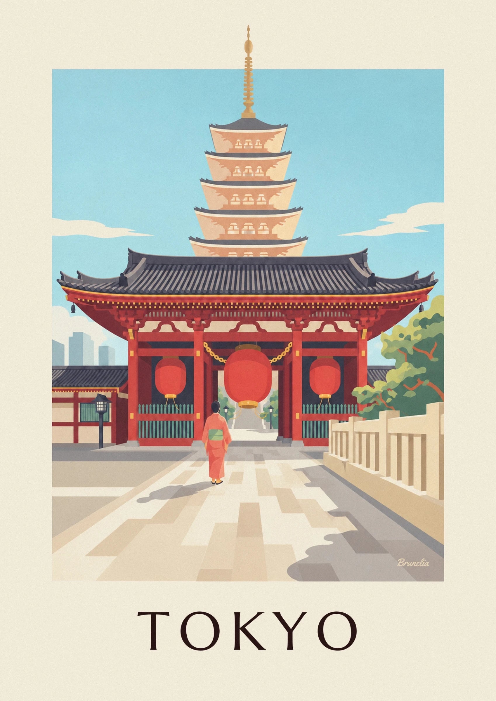 Une femme en kimono corail sous la grande lanterne rouge du temple Senso-ji