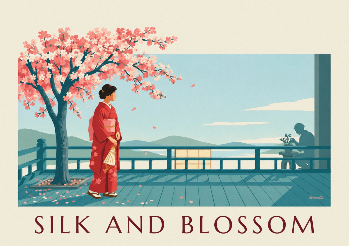 Affiche femme japonaise en kimono rouge sous un cerisier en fleurs
