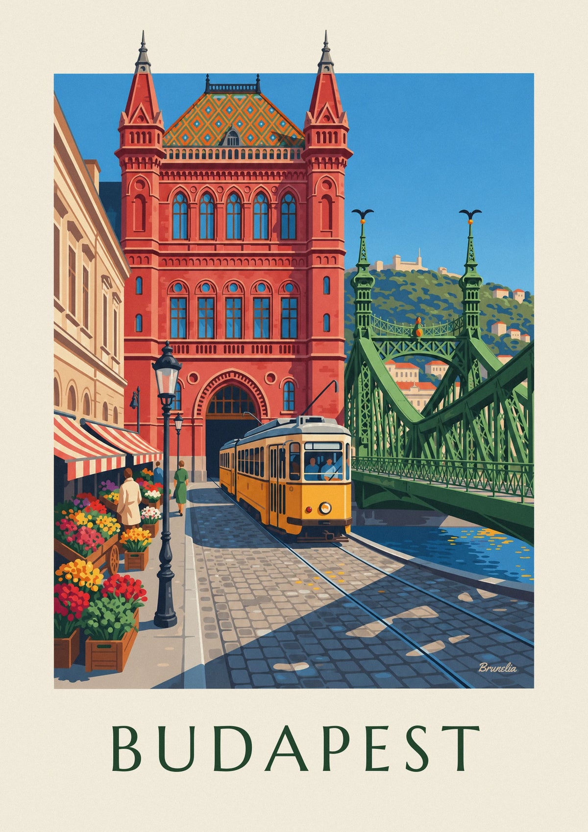 Yellow tram and Liberty Bridge in Budapest poster