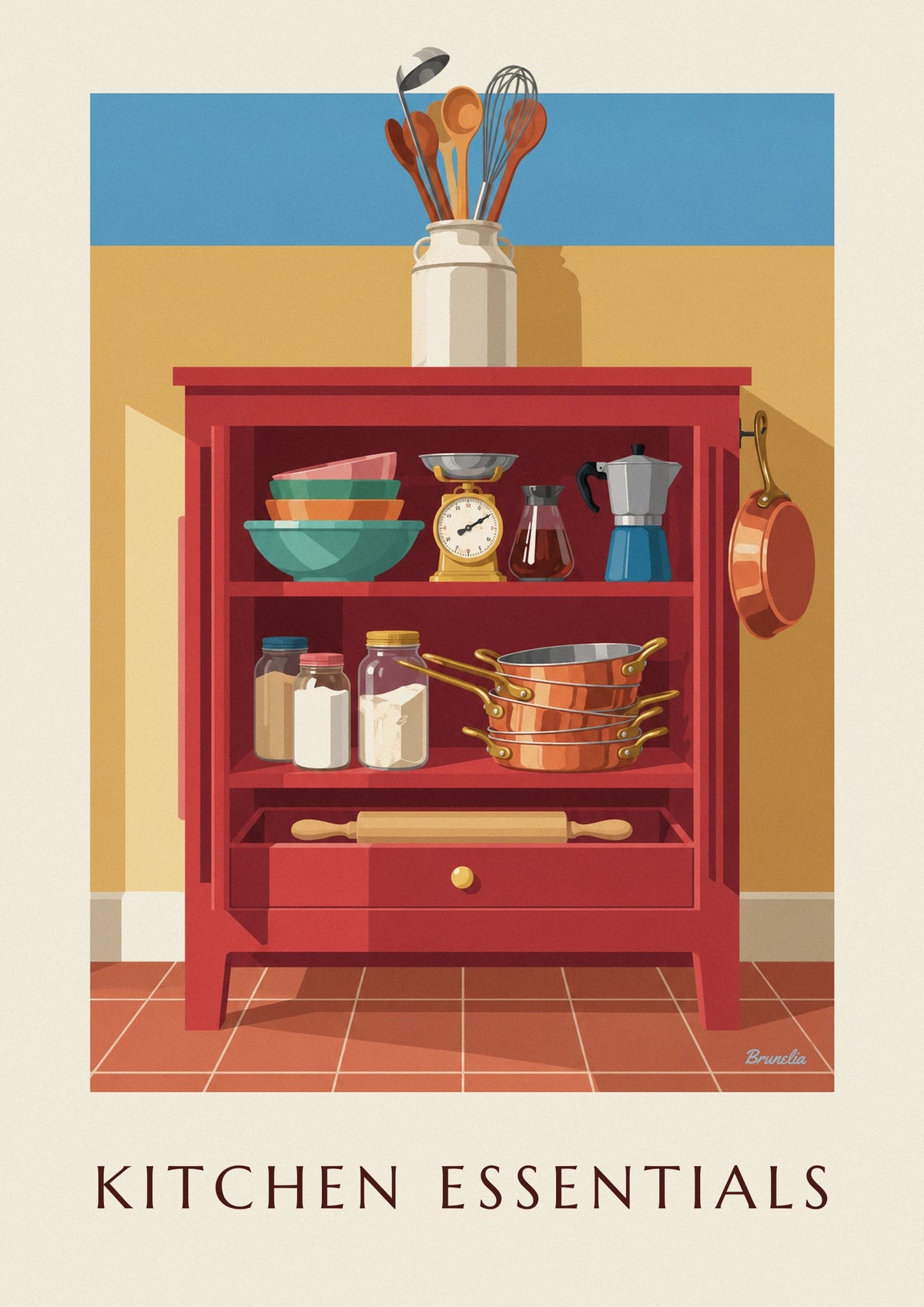 Red kitchen hutch and copper cookware poster