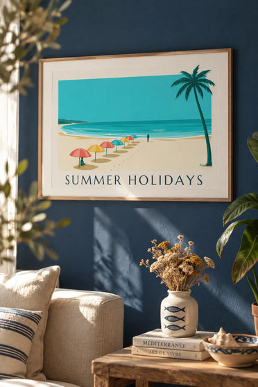 Summer vacation poster with palm trees and colorful parasols: framed on the wall