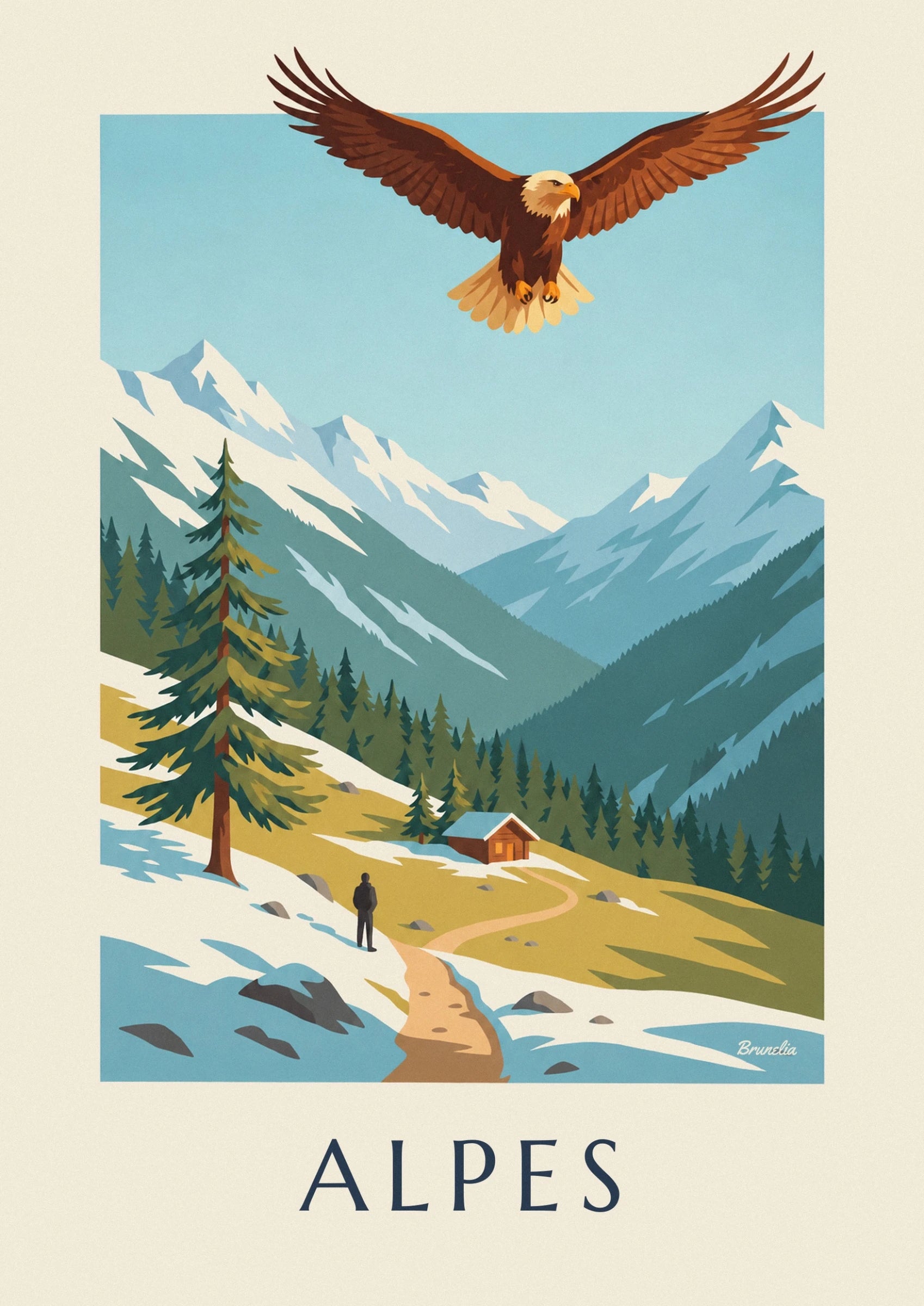 Un aigle aux ailes déployées et à la tête blanche au-dessus des sommets enneigés