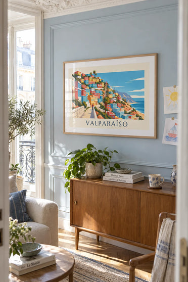Valparaíso poster with colorful houses and a funicular: framed on the wall