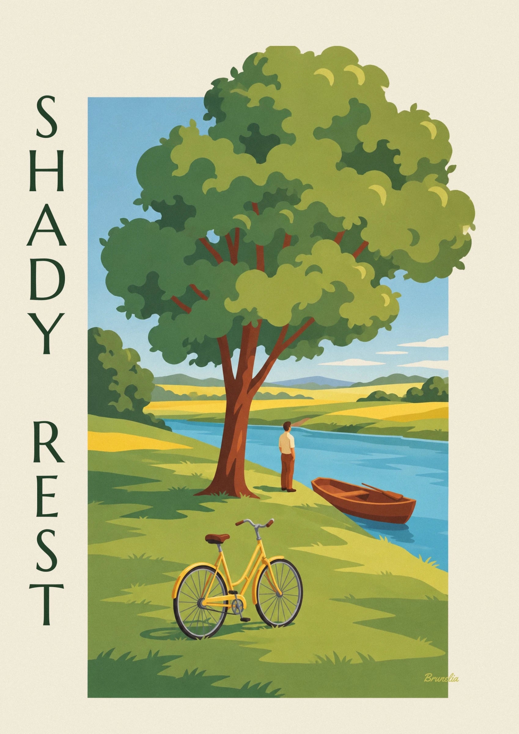 The yellow bicycle with a brown saddle on the grass, with its large spoked wheels