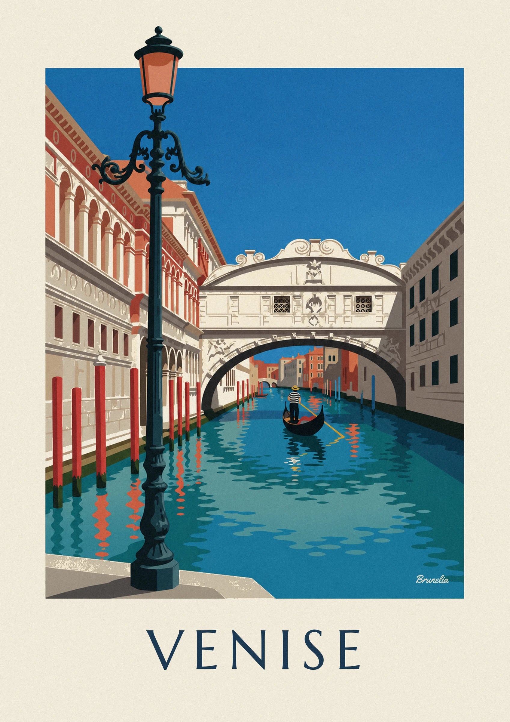 Affiche gondole sous le pont des Soupirs à Venise : détail en gros plan