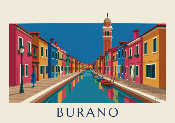 Burano canal, colorful houses and leaning bell tower poster