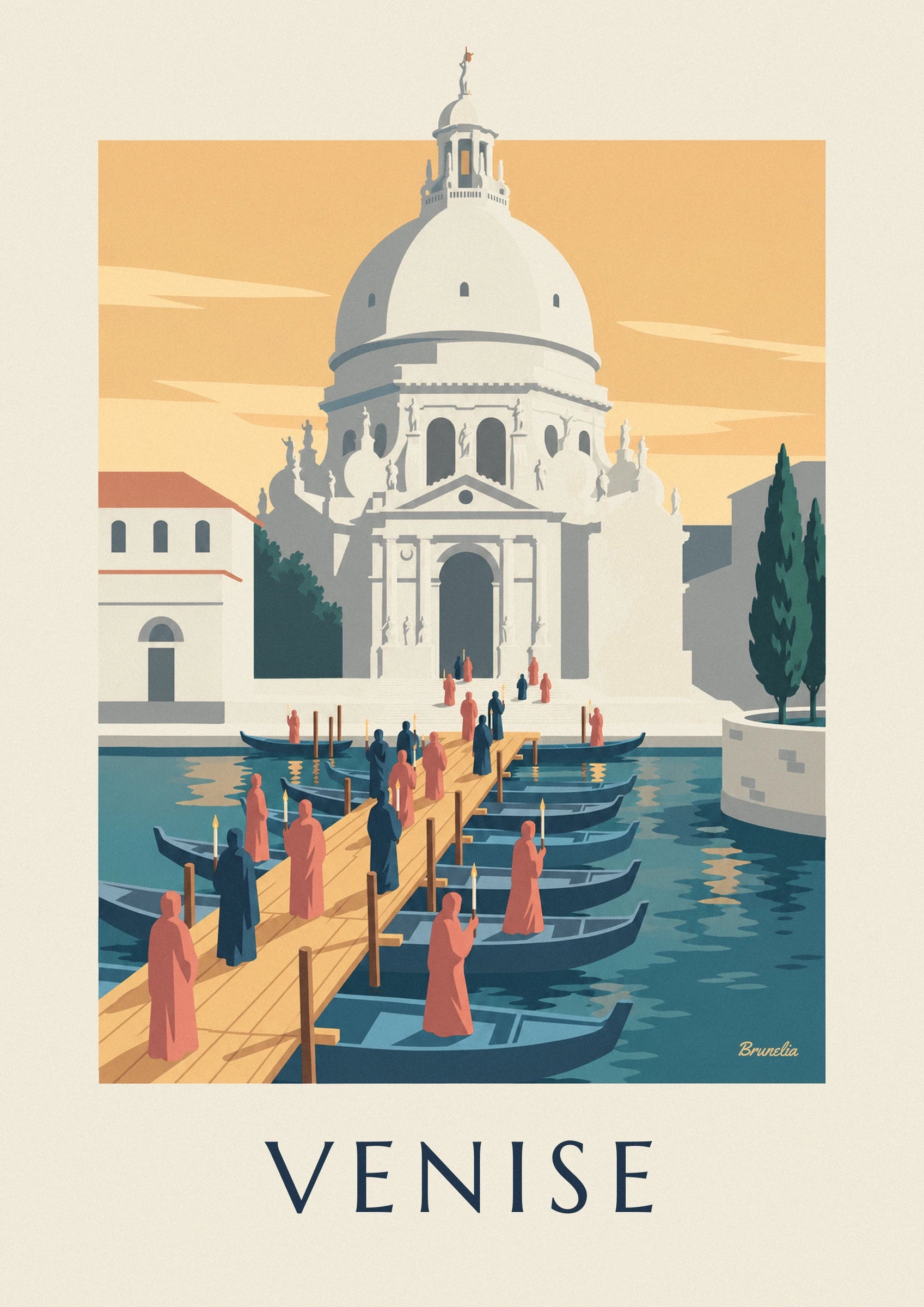 The white dome of the Salute and its façade adorned with statues, beneath an orange sky