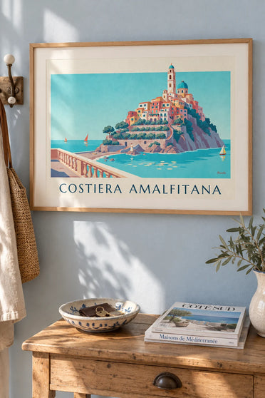 Poster of the Amalfi Coast, colorful houses and a turquoise bay: framed on the wall