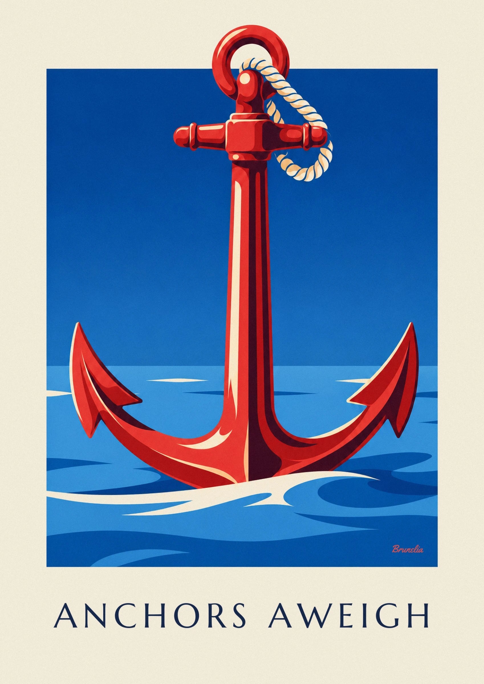 La tige rouge de l’ancre, striée de crème et de bordeaux sur fond bleu
