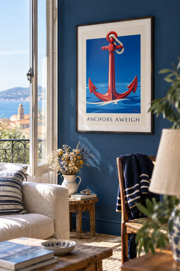 Nautical anchor and rope against a calm sea poster: framed on the wall
