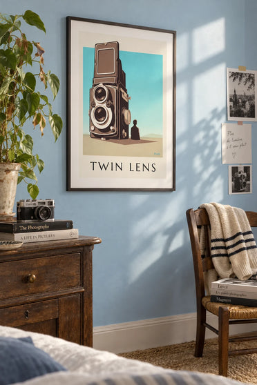 Poster of a twin-lens camera in black and white: framed on the wall