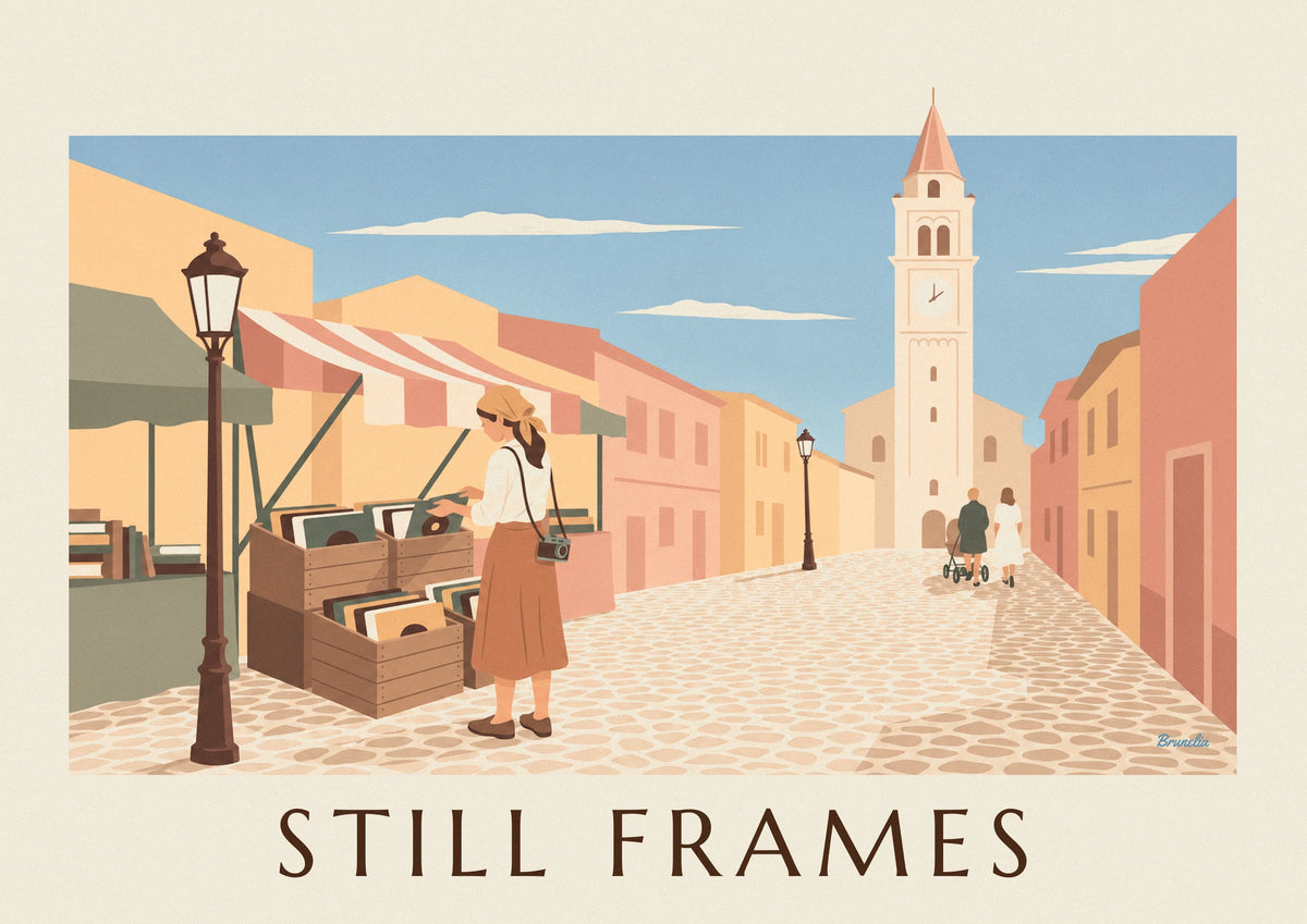 Young woman and vinyl records at a village flea market poster